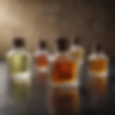 A variety of primer oil bottles arranged artistically on a textured background.