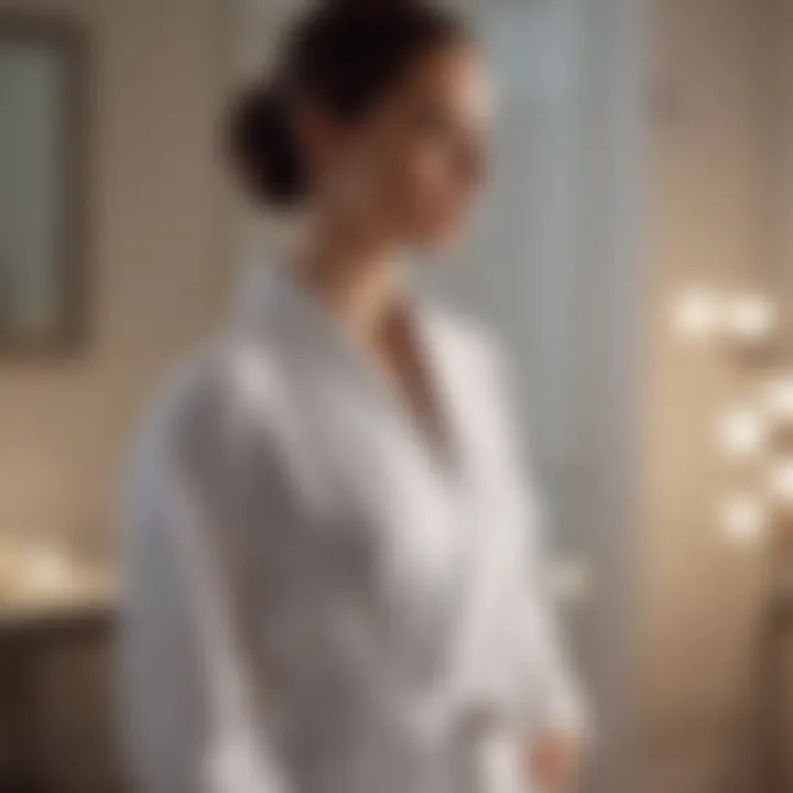 Person admiring their reflection while wearing a white company robe