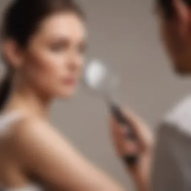 A dermatologist examining a patient's arm skin with a magnifying glass