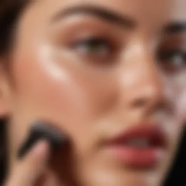 A close-up of an individual applying blush on olive skin