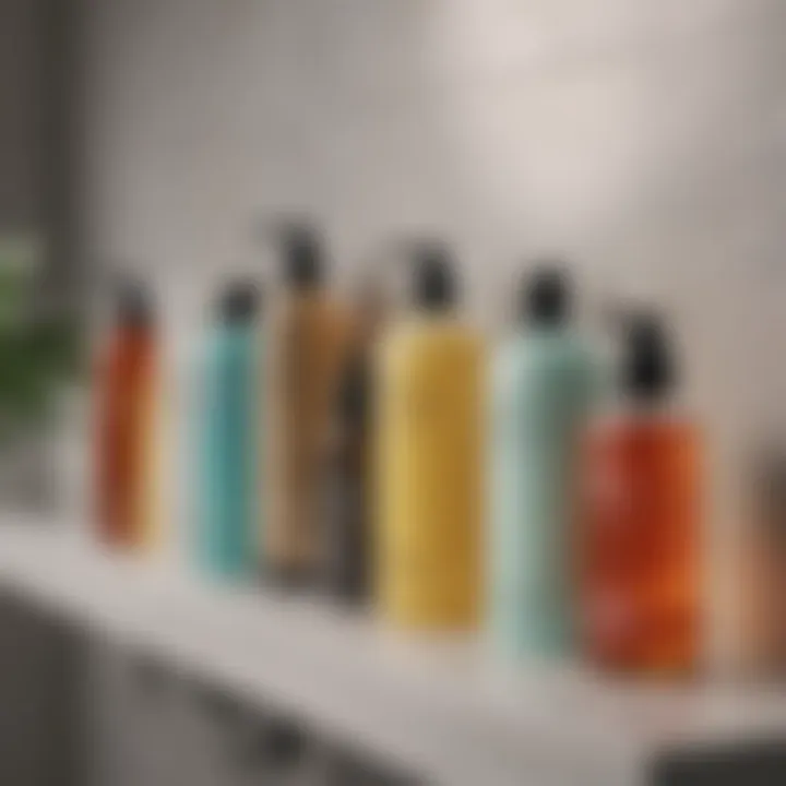 A close-up view of various oil cleansers placed elegantly on a bathroom shelf.