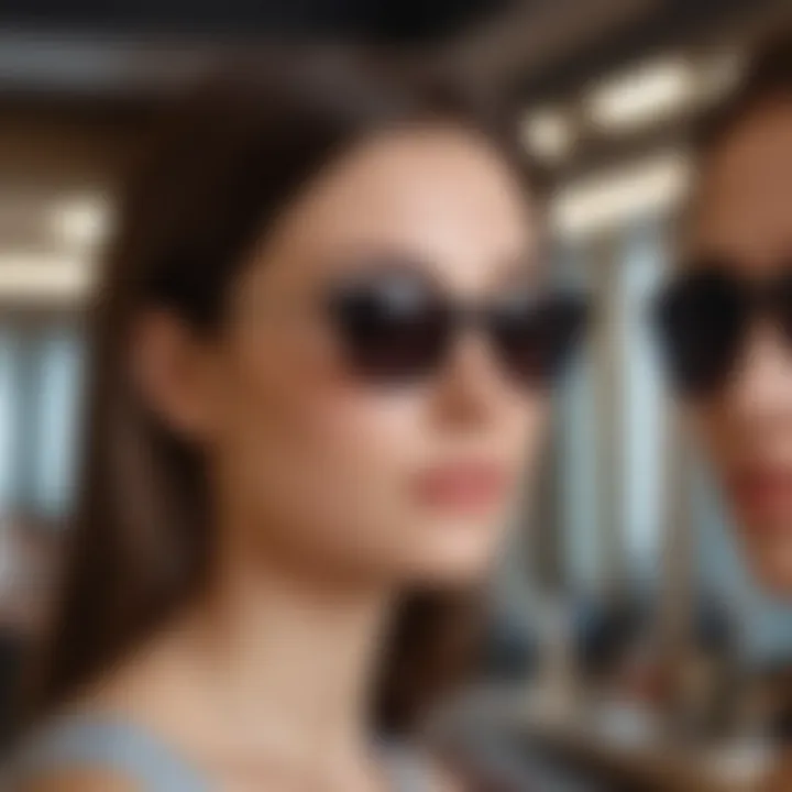 Close-up of a person trying on sunglasses in a boutique mirror.