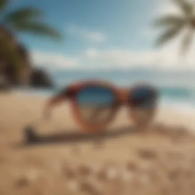 A trendy pair of sunglasses on a bright beach background.