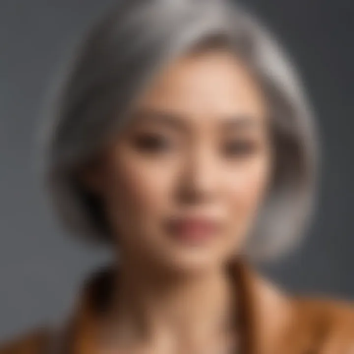 Stylish Asian woman showcasing grey hair coverage in warm honey shades