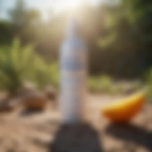 An elegant bottle of Supergoop scalp sunscreen surrounded by vibrant sun and nature elements.