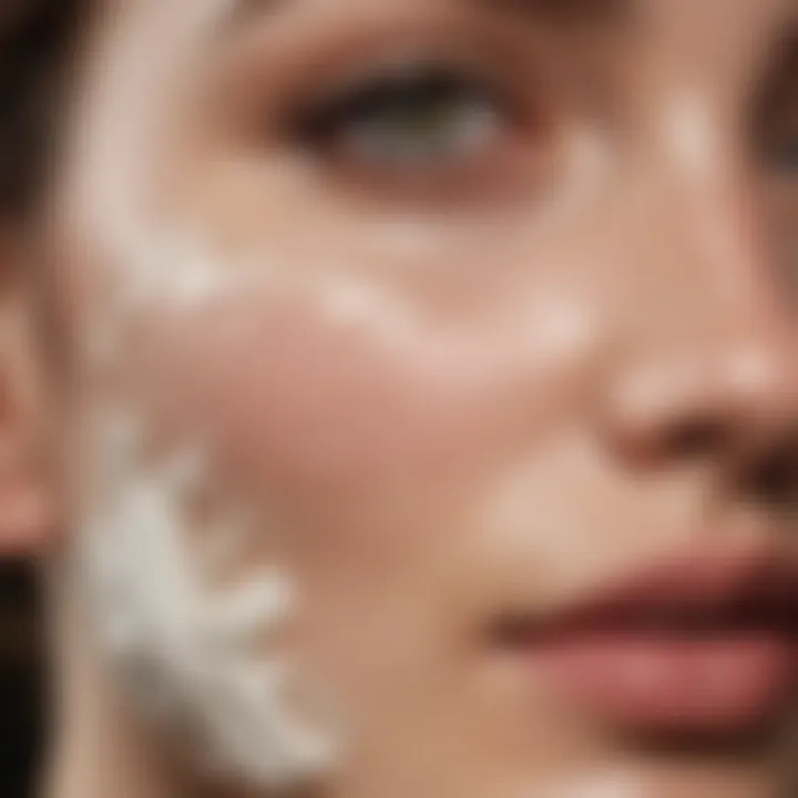 Close-up of swimming face cream texture on a fingertip