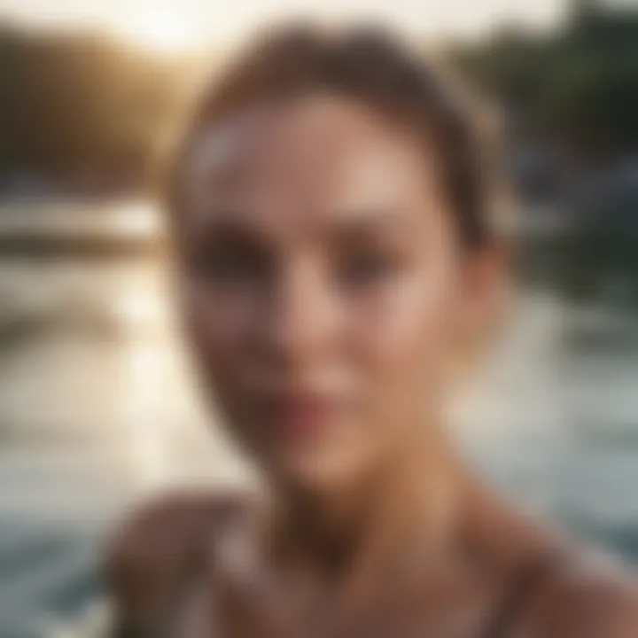 A swimmer emerging from the water with glistening skin