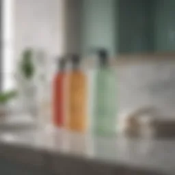 A serene bathroom counter displaying an array of gentle cleansers designed for combination skin.