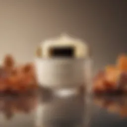 A close-up of a luxurious cream jar surrounded by natural ingredients
