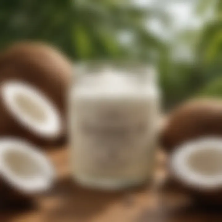 Coconut oil in a glass jar with fresh coconuts