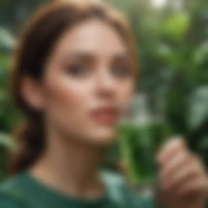 A person enjoying a refreshing chlorophyll beverage in a serene setting