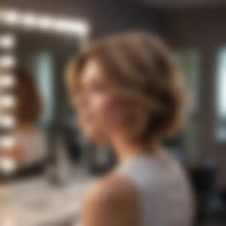 A satisfied customer admiring her new haircut in a salon mirror, representing a fulfilling salon experience.