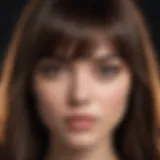 A close-up of a model showcasing different styles of bangs