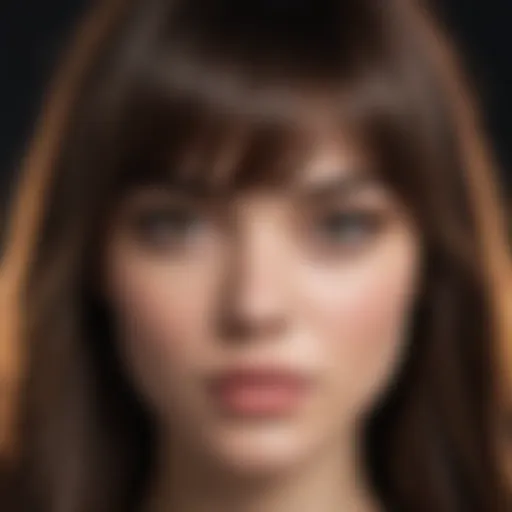 A close-up of a model showcasing different styles of bangs
