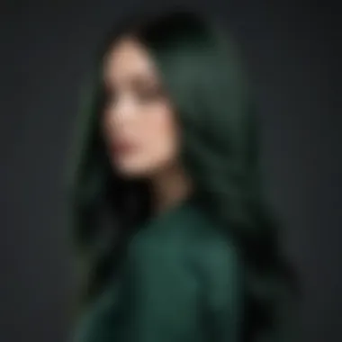 Elegant woman showcasing long, dark green hair with subtle highlights