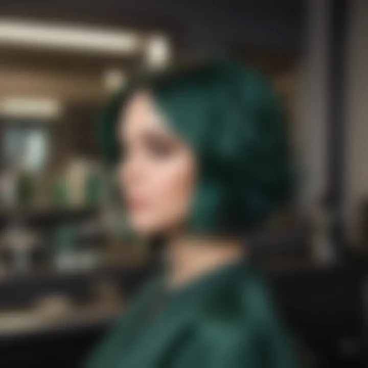 Sleek and modern hair salon setting with dark green hair dye products