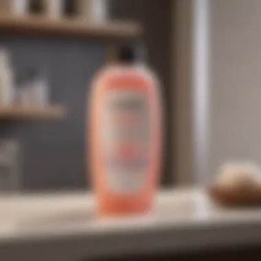 A bottle of clarifying shampoo on a bathroom shelf