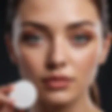 A close-up of a person applying toner with a cotton pad, highlighting the application process.