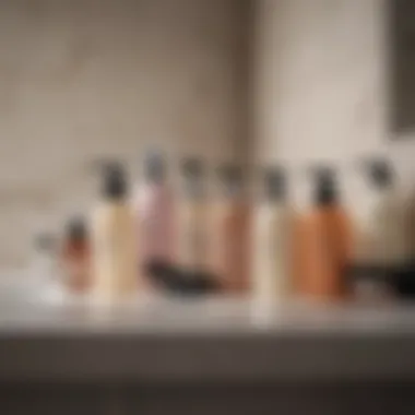 A collection of hair treatment products on a bathroom countertop.