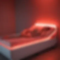 Illuminated red light therapy bed in a serene environment