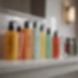A variety of face cleansers lined up on a bathroom counter