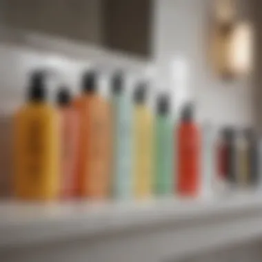 A variety of face cleansers lined up on a bathroom counter
