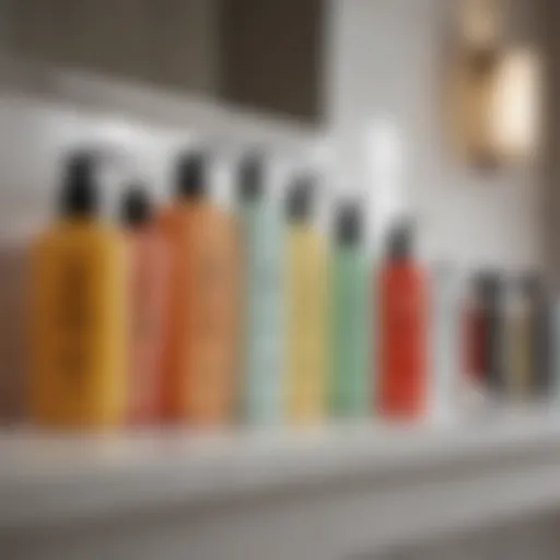 A variety of face cleansers lined up on a bathroom counter