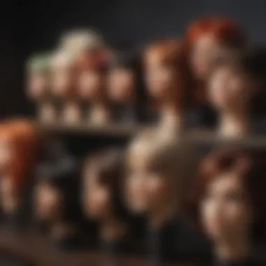 An array of different wig types displayed on elegant stands