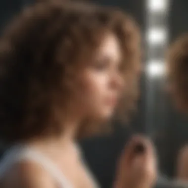A woman analyzing her curls in the mirror