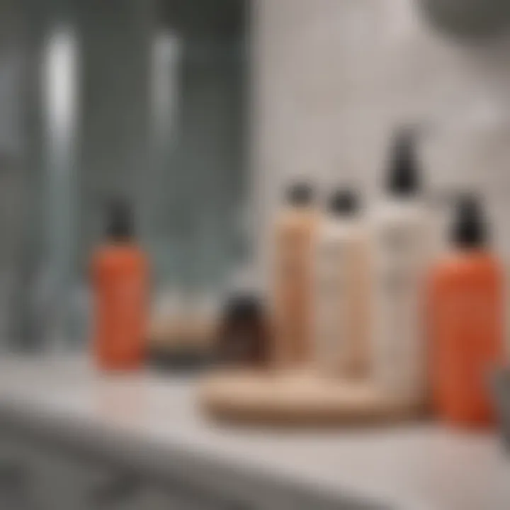 A variety of wash and go products displayed on a bathroom counter