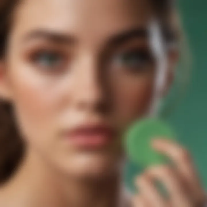 Woman applying green concealer with blending sponge